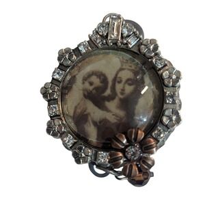 Vintage Madonna and Child rhinestone pendant with French script Religious